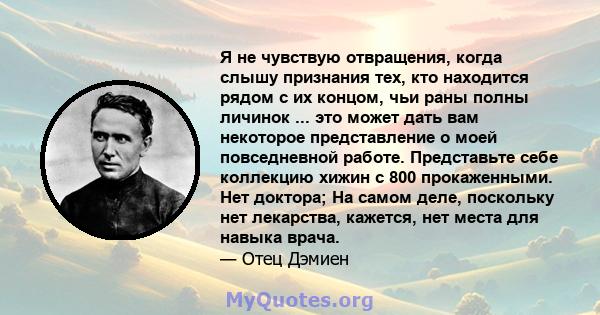 Я не чувствую отвращения, когда слышу признания тех, кто находится рядом с их концом, чьи раны полны личинок ... это может дать вам некоторое представление о моей повседневной работе. Представьте себе коллекцию хижин с