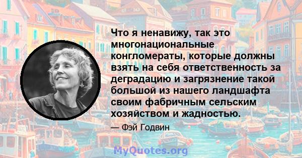 Что я ненавижу, так это многонациональные конгломераты, которые должны взять на себя ответственность за деградацию и загрязнение такой большой из нашего ландшафта своим фабричным сельским хозяйством и жадностью.