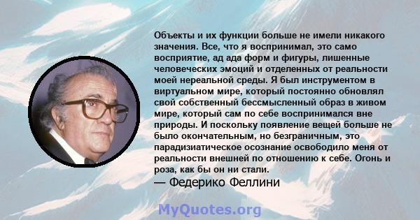 Объекты и их функции больше не имели никакого значения. Все, что я воспринимал, это само восприятие, ад ада форм и фигуры, лишенные человеческих эмоций и отделенных от реальности моей нереальной среды. Я был