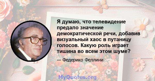 Я думаю, что телевидение предало значение демократической речи, добавив визуальный хаос в путаницу голосов. Какую роль играет тишина во всем этом шуме?