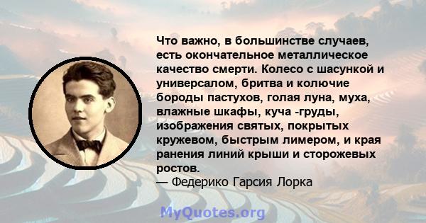 Что важно, в большинстве случаев, есть окончательное металлическое качество смерти. Колесо с шасункой и универсалом, бритва и колючие бороды пастухов, голая луна, муха, влажные шкафы, куча -груды, изображения святых,