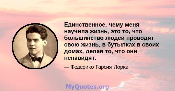 Единственное, чему меня научила жизнь, это то, что большинство людей проводят свою жизнь, в бутылках в своих домах, делая то, что они ненавидят.