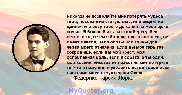 Никогда не позволяйте мне потерять чудеса твои, похожие на статую глаз, или акцент на одиночную розу твоего дыхания на моей щеке ночью. Я боюсь быть на этом берегу, без ветви, и то, о чем я больше всего сожалею, не