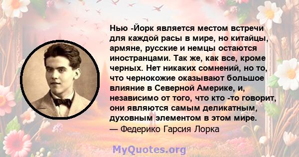 Нью -Йорк является местом встречи для каждой расы в мире, но китайцы, армяне, русские и немцы остаются иностранцами. Так же, как все, кроме черных. Нет никаких сомнений, но то, что чернокожие оказывают большое влияние в 