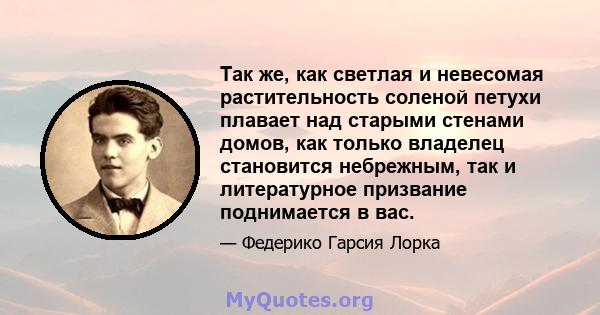 Так же, как светлая и невесомая растительность соленой петухи плавает над старыми стенами домов, как только владелец становится небрежным, так и литературное призвание поднимается в вас.