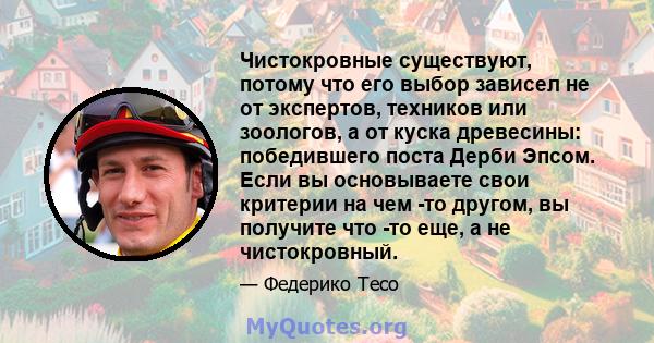 Чистокровные существуют, потому что его выбор зависел не от экспертов, техников или зоологов, а от куска древесины: победившего поста Дерби Эпсом. Если вы основываете свои критерии на чем -то другом, вы получите что -то 