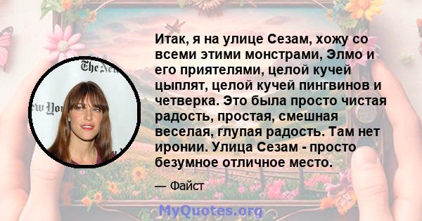 Итак, я на улице Сезам, хожу со всеми этими монстрами, Элмо и его приятелями, целой кучей цыплят, целой кучей пингвинов и четверка. Это была просто чистая радость, простая, смешная веселая, глупая радость. Там нет