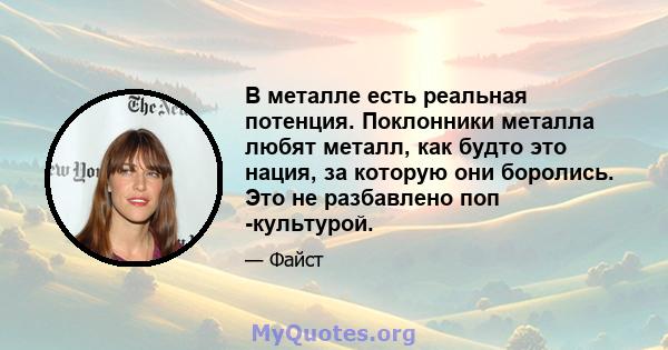 В металле есть реальная потенция. Поклонники металла любят металл, как будто это нация, за которую они боролись. Это не разбавлено поп -культурой.