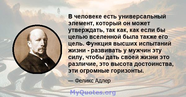 В человеке есть универсальный элемент, который он может утверждать, так как, как если бы целью вселенной была также его цель. Функция высших испытаний жизни - развивать у мужчин эту силу, чтобы дать своей жизни это