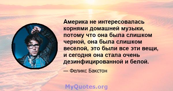 Америка не интересовалась корнями домашней музыки, потому что она была слишком черной, она была слишком веселой, это были все эти вещи, и сегодня она стала очень дезинфицированной и белой.