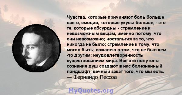 Чувства, которые причиняют боль больше всего, эмоции, которые укусы больше, - это те, которые абсурдны - стремление к невозможным вещам, именно потому, что они невозможно; ностальгия за то, что никогда не было;