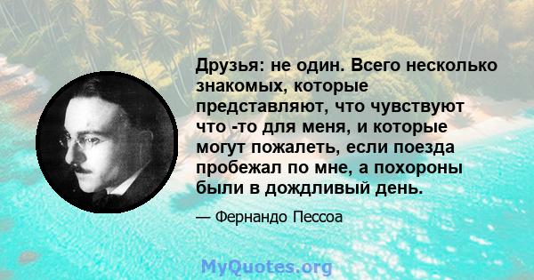 Друзья: не один. Всего несколько знакомых, которые представляют, что чувствуют что -то для меня, и которые могут пожалеть, если поезда пробежал по мне, а похороны были в дождливый день.