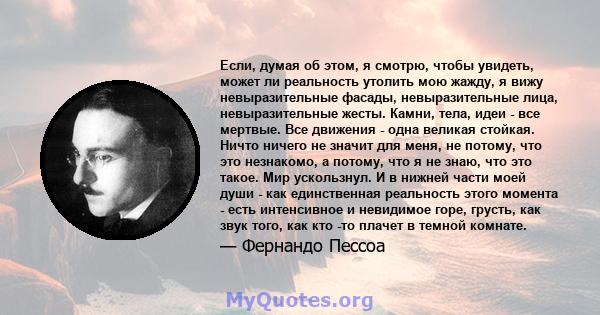 Если, думая об этом, я смотрю, чтобы увидеть, может ли реальность утолить мою жажду, я вижу невыразительные фасады, невыразительные лица, невыразительные жесты. Камни, тела, идеи - все мертвые. Все движения - одна