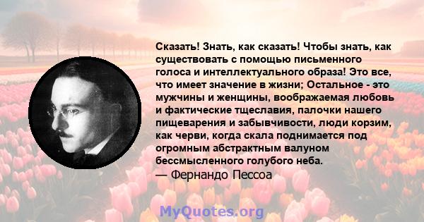 Сказать! Знать, как сказать! Чтобы знать, как существовать с помощью письменного голоса и интеллектуального образа! Это все, что имеет значение в жизни; Остальное - это мужчины и женщины, воображаемая любовь и