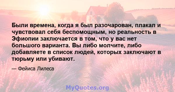 Были времена, когда я был разочарован, плакал и чувствовал себя беспомощным, но реальность в Эфиопии заключается в том, что у вас нет большого варианта. Вы либо молчите, либо добавляете в список людей, которых заключают 