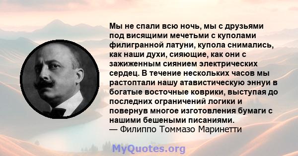 Мы не спали всю ночь, мы с друзьями под висящими мечетьми с куполами филигранной латуни, купола снимались, как наши духи, сияющие, как они с зажиженным сиянием электрических сердец. В течение нескольких часов мы