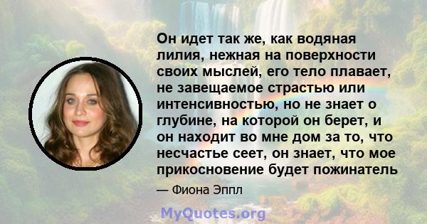 Он идет так же, как водяная лилия, нежная на поверхности своих мыслей, его тело плавает, не завещаемое страстью или интенсивностью, но не знает о глубине, на которой он берет, и он находит во мне дом за то, что