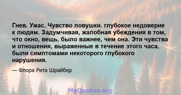 Гнев. Ужас. Чувство ловушки. глубокое недоверие к людям. Задумчивая, жалобная убеждения в том, что окно, вещь, было важнее, чем она. Эти чувства и отношения, выраженные в течение этого часа, были симптомами некоторого