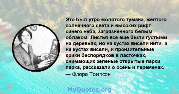 Это был утро молотого тумана, желтого солнечного света и высоких рифт синего неба, загрязненного белым облаком. Листья все еще были густыми на деревьях, но на кустах висели нити, а на кустах висели, и пронзительные