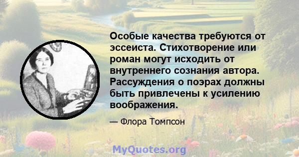 Особые качества требуются от эссеиста. Стихотворение или роман могут исходить от внутреннего сознания автора. Рассуждения о поэрах должны быть привлечены к усилению воображения.