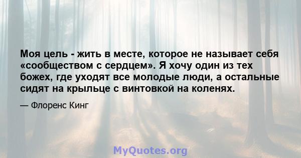 Моя цель - жить в месте, которое не называет себя «сообществом с сердцем». Я хочу один из тех божех, где уходят все молодые люди, а остальные сидят на крыльце с винтовкой на коленях.