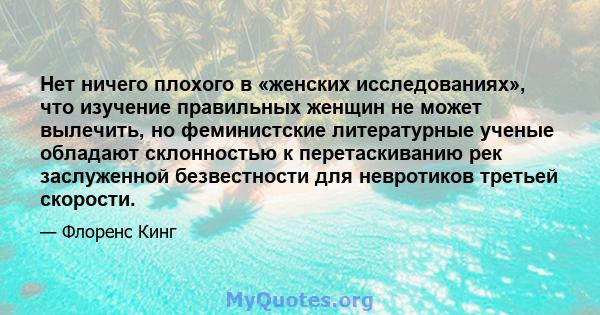 Нет ничего плохого в «женских исследованиях», что изучение правильных женщин не может вылечить, но феминистские литературные ученые обладают склонностью к перетаскиванию рек заслуженной безвестности для невротиков