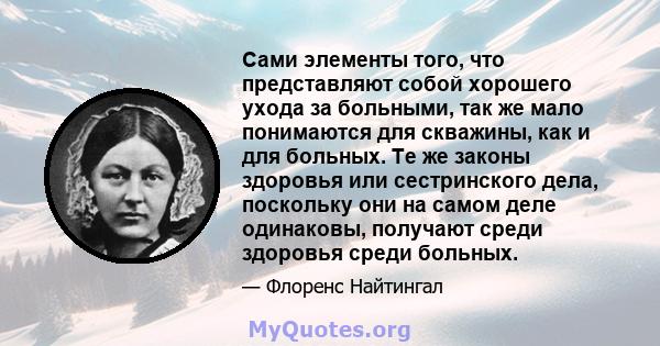 Сами элементы того, что представляют собой хорошего ухода за больными, так же мало понимаются для скважины, как и для больных. Те же законы здоровья или сестринского дела, поскольку они на самом деле одинаковы, получают 