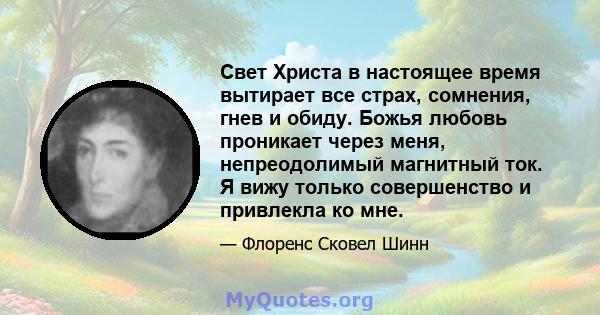 Свет Христа в настоящее время вытирает все страх, сомнения, гнев и обиду. Божья любовь проникает через меня, непреодолимый магнитный ток. Я вижу только совершенство и привлекла ко мне.