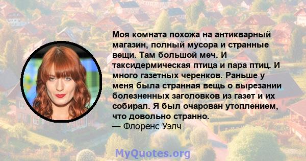 Моя комната похожа на антикварный магазин, полный мусора и странные вещи. Там большой меч. И таксидермическая птица и пара птиц. И много газетных черенков. Раньше у меня была странная вещь о вырезании болезненных