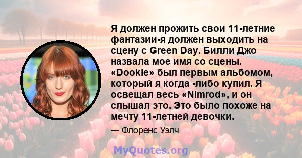 Я должен прожить свои 11-летние фантазии-я должен выходить на сцену с Green Day. Билли Джо назвала мое имя со сцены. «Dookie» был первым альбомом, который я когда -либо купил. Я освещал весь «Nimrod», и он слышал это.