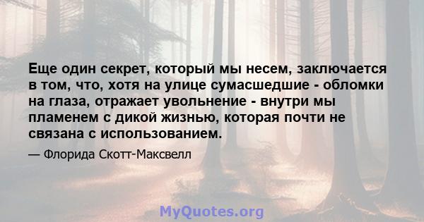 Еще один секрет, который мы несем, заключается в том, что, хотя на улице сумасшедшие - обломки на глаза, отражает увольнение - внутри мы пламенем с дикой жизнью, которая почти не связана с использованием.