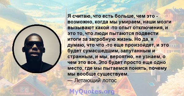 Я считаю, что есть больше, чем это - возможно, когда мы умираем, наши мозги вызывают какой -то опыт отключения, и это то, что люди пытаются подвести итоги за загробную жизнь. Но да, я думаю, что что -то еще произойдет,