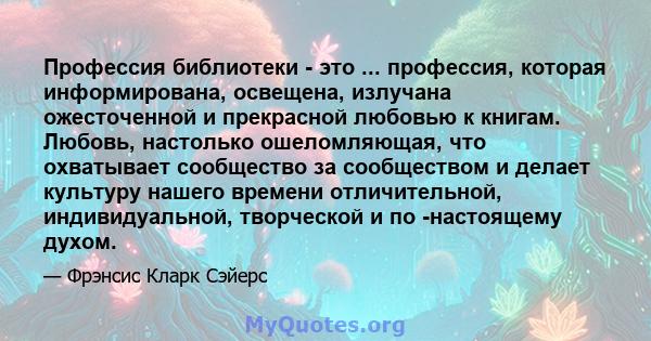 Профессия библиотеки - это ... профессия, которая информирована, освещена, излучана ожесточенной и прекрасной любовью к книгам. Любовь, настолько ошеломляющая, что охватывает сообщество за сообществом и делает культуру