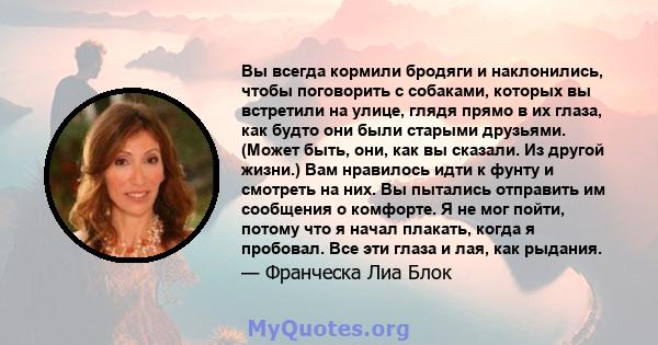 Вы всегда кормили бродяги и наклонились, чтобы поговорить с собаками, которых вы встретили на улице, глядя прямо в их глаза, как будто они были старыми друзьями. (Может быть, они, как вы сказали. Из другой жизни.) Вам