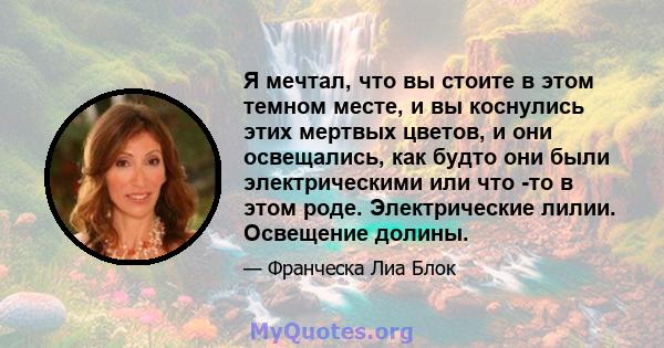 Я мечтал, что вы стоите в этом темном месте, и вы коснулись этих мертвых цветов, и они освещались, как будто они были электрическими или что -то в этом роде. Электрические лилии. Освещение долины.