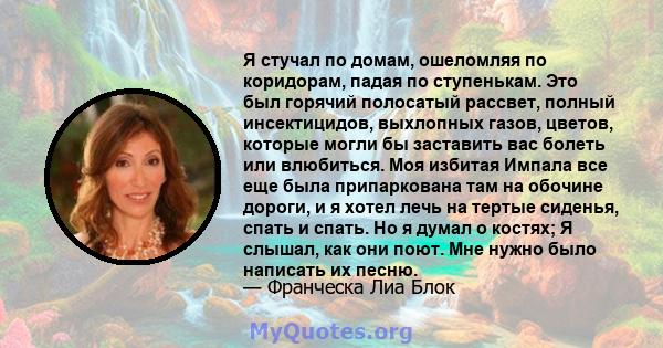 Я стучал по домам, ошеломляя по коридорам, падая по ступенькам. Это был горячий полосатый рассвет, полный инсектицидов, выхлопных газов, цветов, которые могли бы заставить вас болеть или влюбиться. Моя избитая Импала