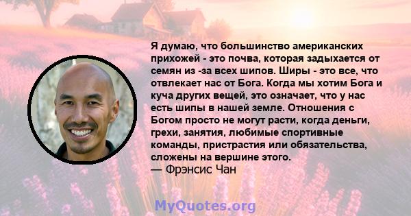 Я думаю, что большинство американских прихожей - это почва, которая задыхается от семян из -за всех шипов. Ширы - это все, что отвлекает нас от Бога. Когда мы хотим Бога и куча других вещей, это означает, что у нас есть 