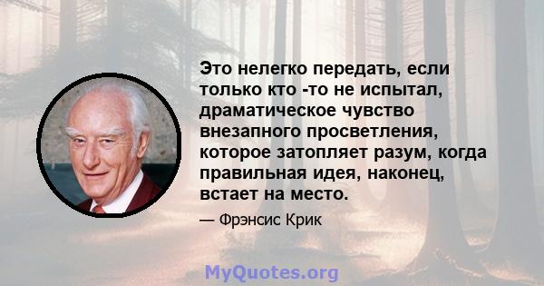 Это нелегко передать, если только кто -то не испытал, драматическое чувство внезапного просветления, которое затопляет разум, когда правильная идея, наконец, встает на место.