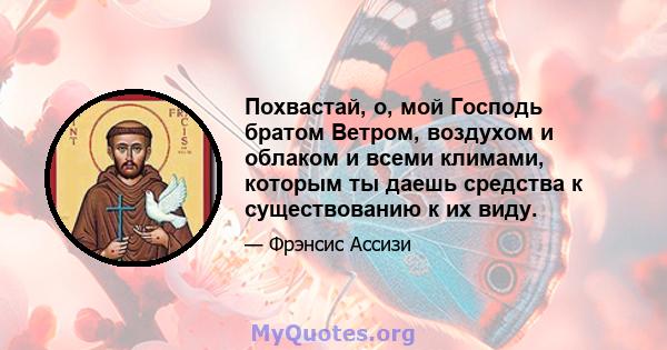 Похвастай, о, мой Господь братом Ветром, воздухом и облаком и всеми климами, которым ты даешь средства к существованию к их виду.