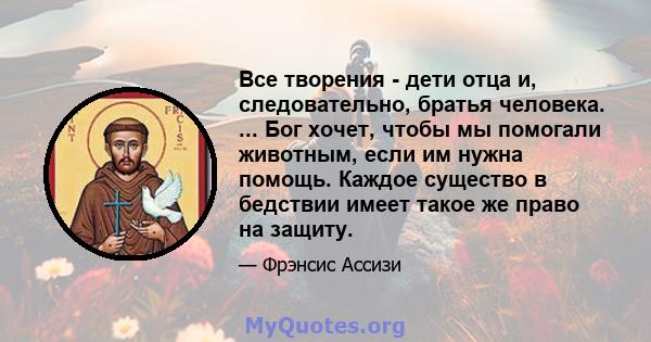 Все творения - дети отца и, следовательно, братья человека. ... Бог хочет, чтобы мы помогали животным, если им нужна помощь. Каждое существо в бедствии имеет такое же право на защиту.