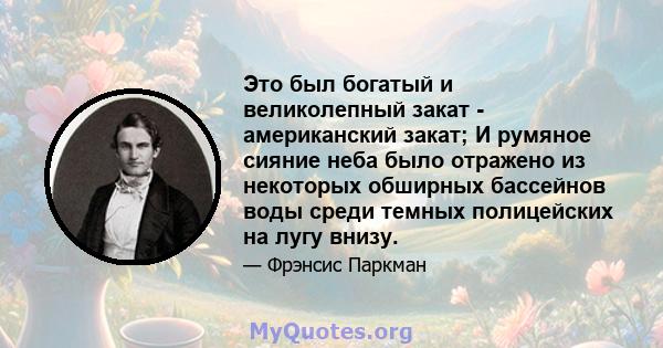 Это был богатый и великолепный закат - американский закат; И румяное сияние неба было отражено из некоторых обширных бассейнов воды среди темных полицейских на лугу внизу.