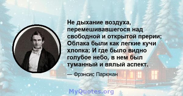 Не дыхание воздуха, перемешивавшегося над свободной и открытой прерии; Облака были как легкие кучи хлопка; И где было видно голубое небо, в нем был туманный и вялый аспект.