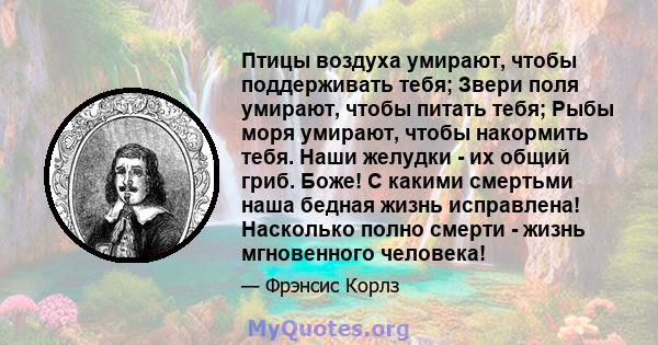 Птицы воздуха умирают, чтобы поддерживать тебя; Звери поля умирают, чтобы питать тебя; Рыбы моря умирают, чтобы накормить тебя. Наши желудки - их общий гриб. Боже! С какими смертьми наша бедная жизнь исправлена!