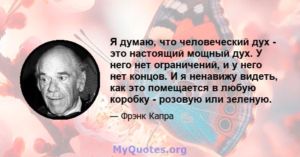 Я думаю, что человеческий дух - это настоящий мощный дух. У него нет ограничений, и у него нет концов. И я ненавижу видеть, как это помещается в любую коробку - розовую или зеленую.