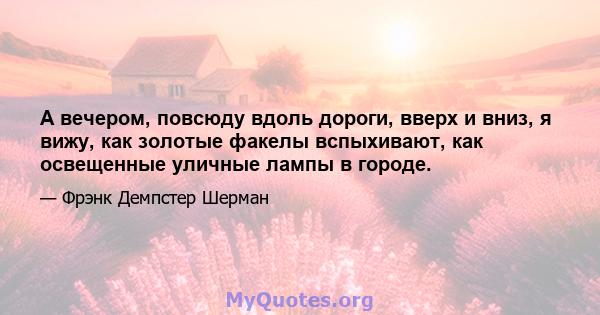 А вечером, повсюду вдоль дороги, вверх и вниз, я вижу, как золотые факелы вспыхивают, как освещенные уличные лампы в городе.