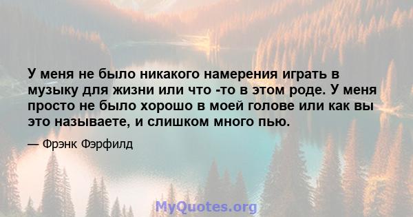 У меня не было никакого намерения играть в музыку для жизни или что -то в этом роде. У меня просто не было хорошо в моей голове или как вы это называете, и слишком много пью.