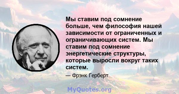 Мы ставим под сомнение больше, чем философия нашей зависимости от ограниченных и ограничивающих систем. Мы ставим под сомнение энергетические структуры, которые выросли вокруг таких систем.