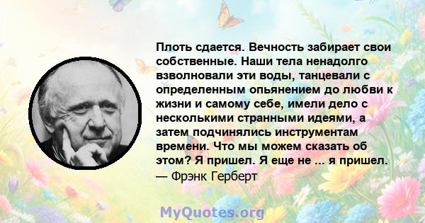 Плоть сдается. Вечность забирает свои собственные. Наши тела ненадолго взволновали эти воды, танцевали с определенным опьянением до любви к жизни и самому себе, имели дело с несколькими странными идеями, а затем