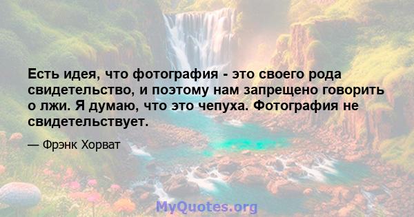 Есть идея, что фотография - это своего рода свидетельство, и поэтому нам запрещено говорить о лжи. Я думаю, что это чепуха. Фотография не свидетельствует.