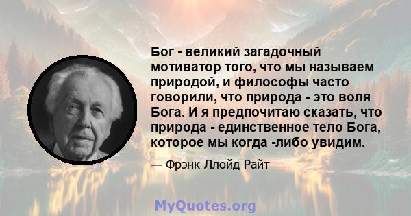 Бог - великий загадочный мотиватор того, что мы называем природой, и философы часто говорили, что природа - это воля Бога. И я предпочитаю сказать, что природа - единственное тело Бога, которое мы когда -либо увидим.